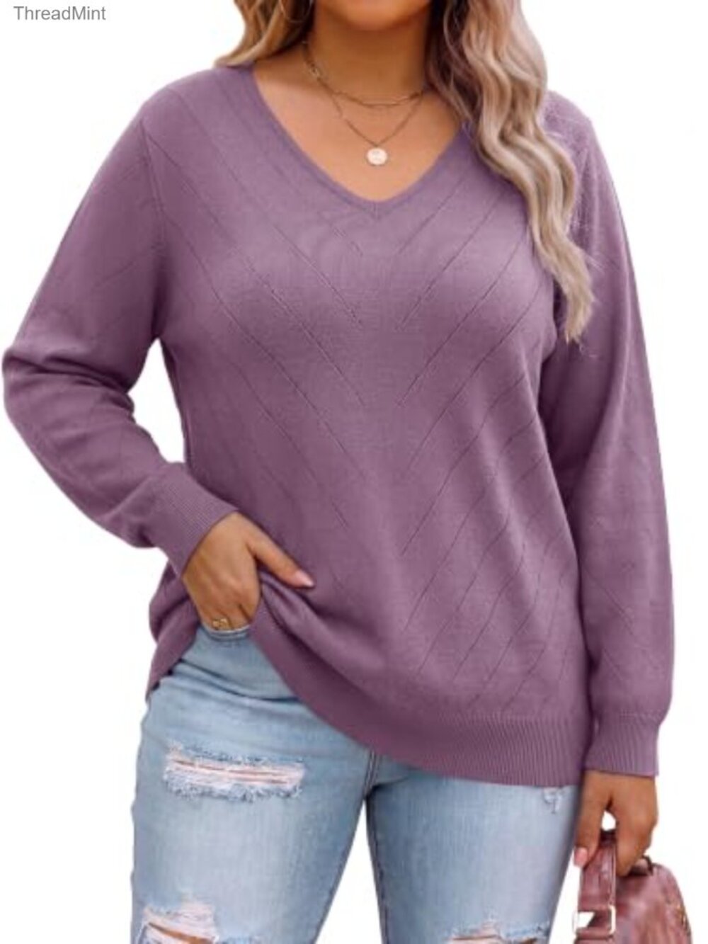 Plus Size V-Neck Chevron Open-Knit Pullover Sweater Lightweight Knit